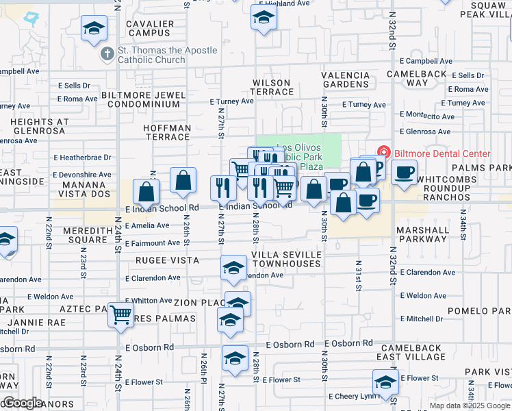 map of restaurants, bars, coffee shops, grocery stores, and more near E Indian School Rd & N 28th St in Phoenix