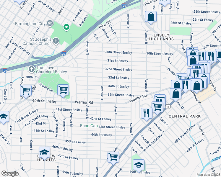 map of restaurants, bars, coffee shops, grocery stores, and more near 1525 34th Street Ensley in Birmingham