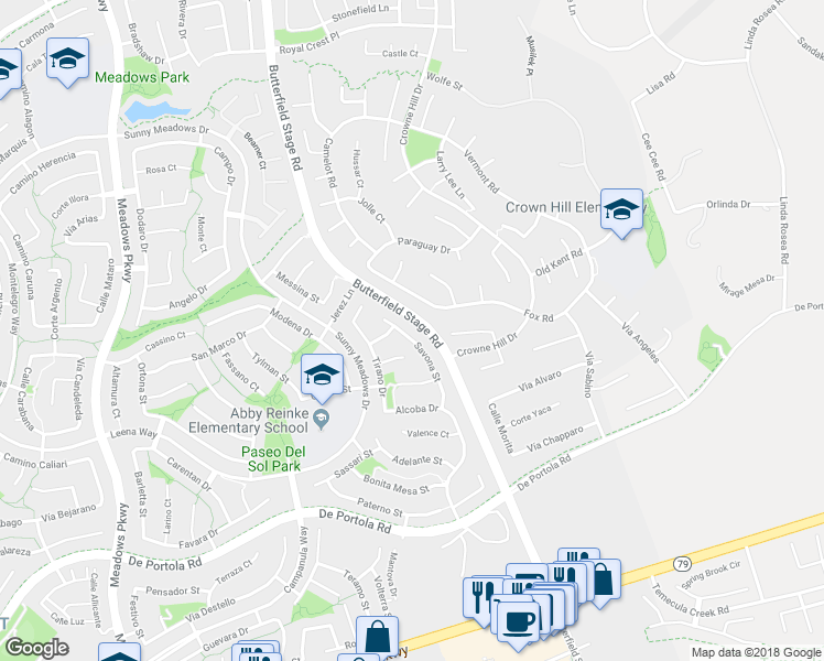 map of restaurants, bars, coffee shops, grocery stores, and more near 43564 Savona Street in Temecula