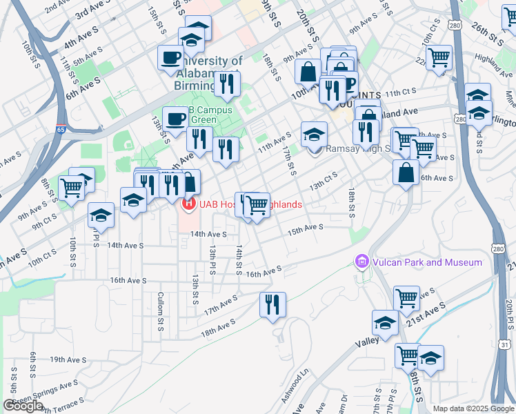 map of restaurants, bars, coffee shops, grocery stores, and more near 1515 13th Avenue South in Birmingham