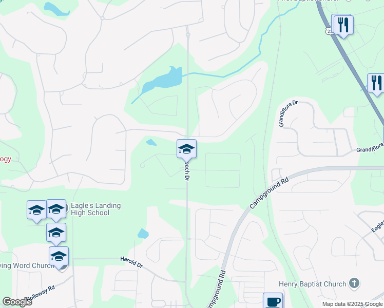 map of restaurants, bars, coffee shops, grocery stores, and more near 410 Peach Drive in McDonough