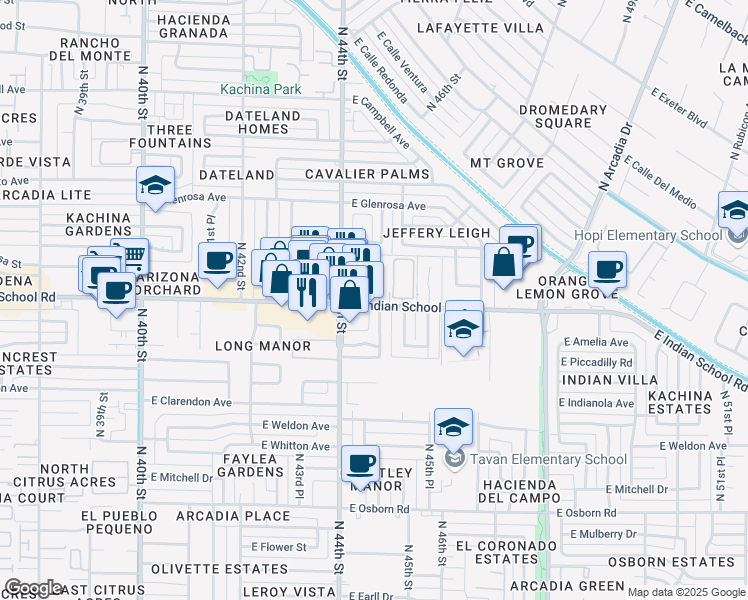 map of restaurants, bars, coffee shops, grocery stores, and more near 4422 East Indian School Road in Phoenix