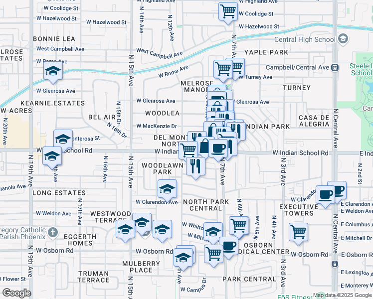 map of restaurants, bars, coffee shops, grocery stores, and more near 950 West Indian School Road in Phoenix