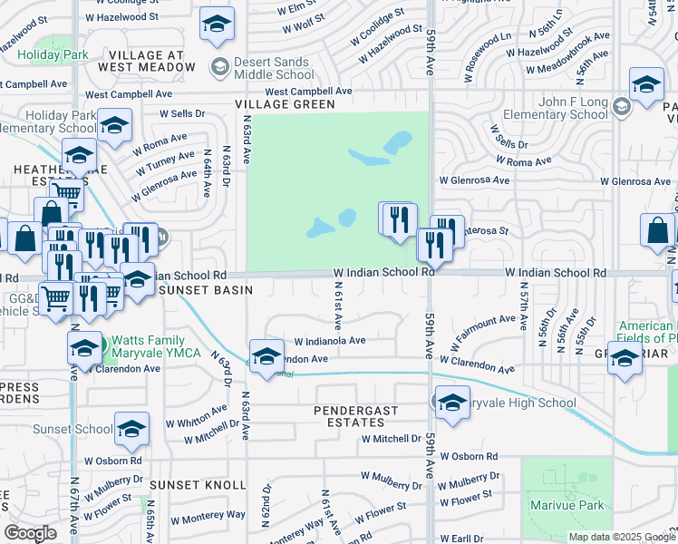 map of restaurants, bars, coffee shops, grocery stores, and more near W Indian School Rd & N 61st Ave in Phoenix
