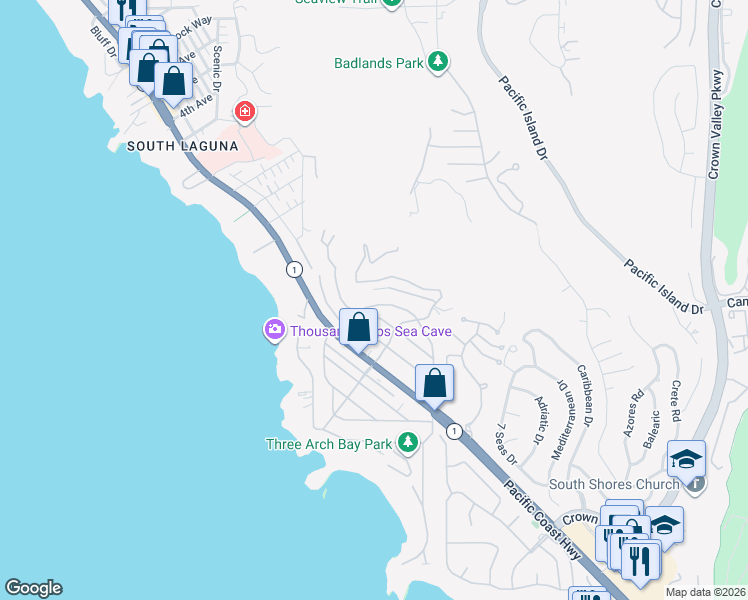 map of restaurants, bars, coffee shops, grocery stores, and more near 23 No Vista De La Luna in Laguna Beach