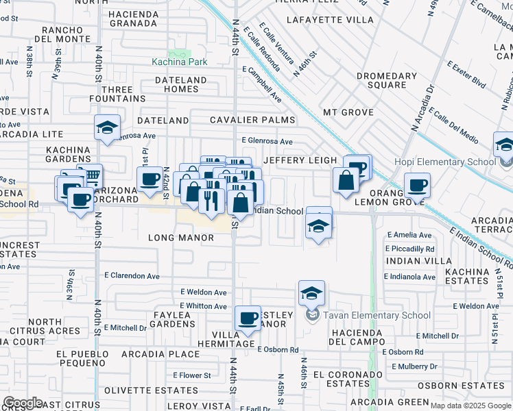 map of restaurants, bars, coffee shops, grocery stores, and more near 4422 East Indian School Road in Phoenix