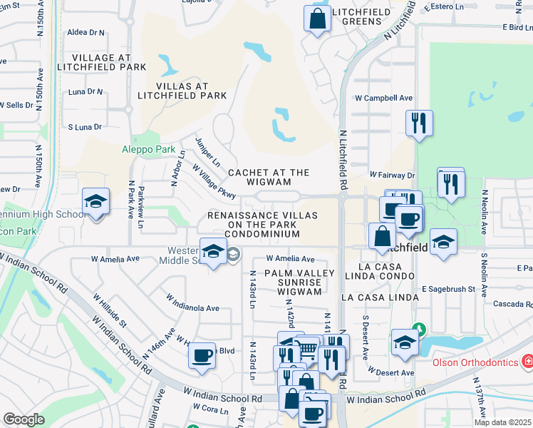 map of restaurants, bars, coffee shops, grocery stores, and more near 14250 West Wigwam Boulevard in Litchfield Park