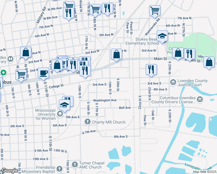map of restaurants, bars, coffee shops, grocery stores, and more near 304 19th St S in Columbus