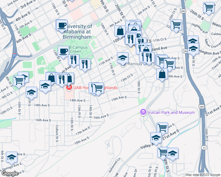 map of restaurants, bars, coffee shops, grocery stores, and more near 1608 14th Avenue South in Birmingham