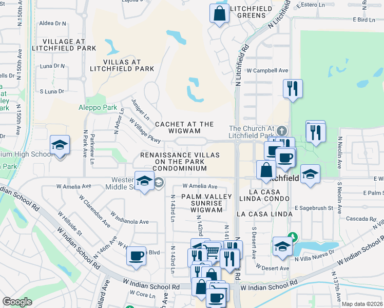 map of restaurants, bars, coffee shops, grocery stores, and more near 2511 North 143rd Drive in Goodyear