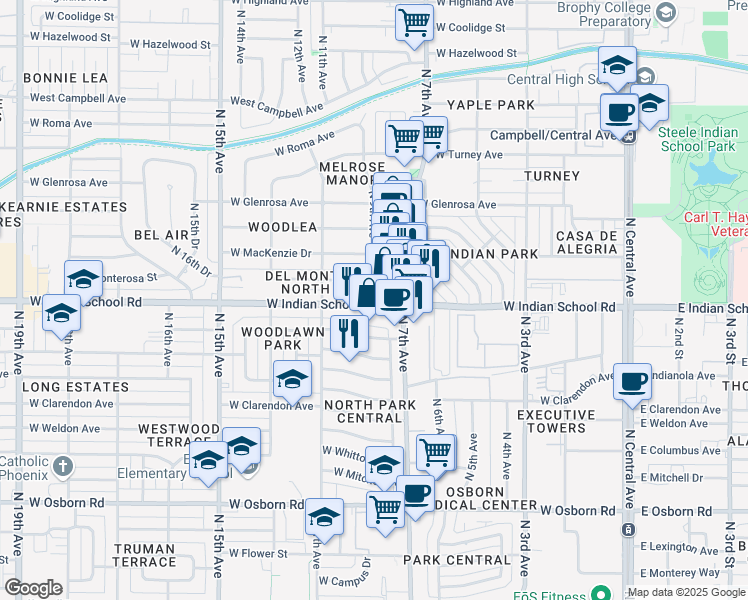 map of restaurants, bars, coffee shops, grocery stores, and more near 850 West Indian School Road in Phoenix