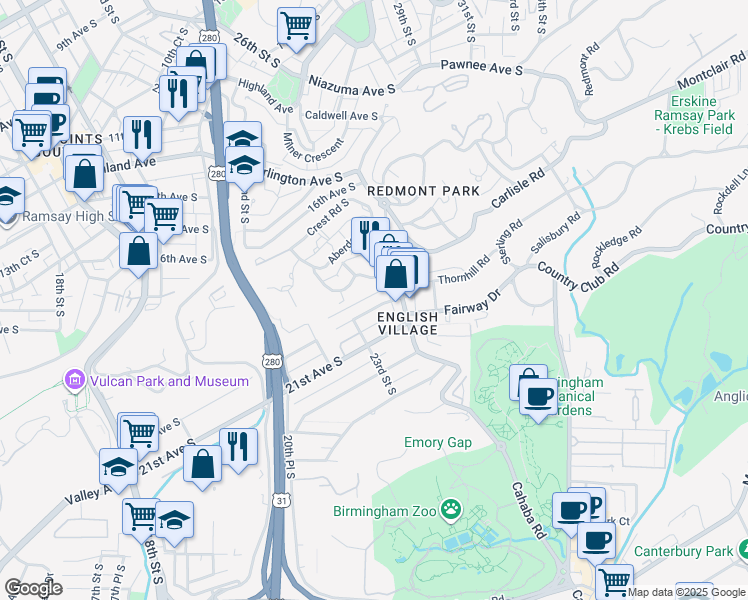 map of restaurants, bars, coffee shops, grocery stores, and more near 2328 20th Avenue South in Birmingham
