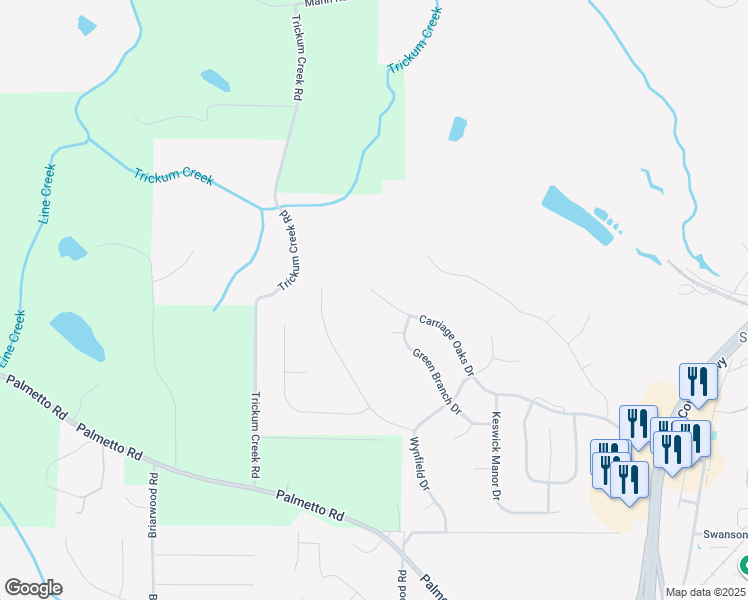 map of restaurants, bars, coffee shops, grocery stores, and more near 409 Carriage Oaks Drive in Tyrone