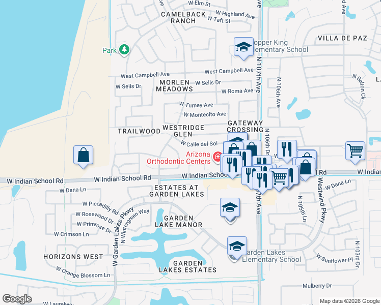 map of restaurants, bars, coffee shops, grocery stores, and more near 10880 West Devonshire Avenue in Phoenix