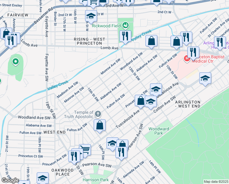 map of restaurants, bars, coffee shops, grocery stores, and more near 407 14th Street Southwest in Birmingham