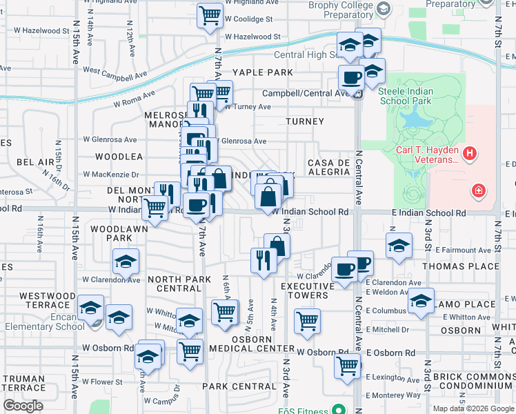 map of restaurants, bars, coffee shops, grocery stores, and more near 460 West Indian School Road in Phoenix