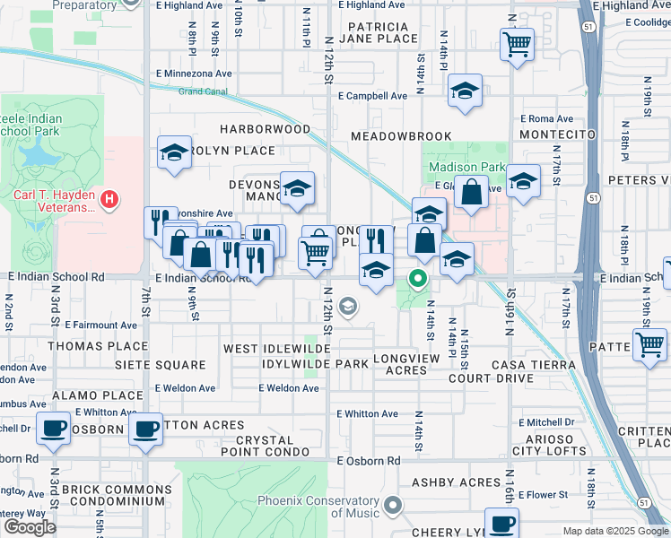 map of restaurants, bars, coffee shops, grocery stores, and more near 1202 East Indian School Road in Phoenix