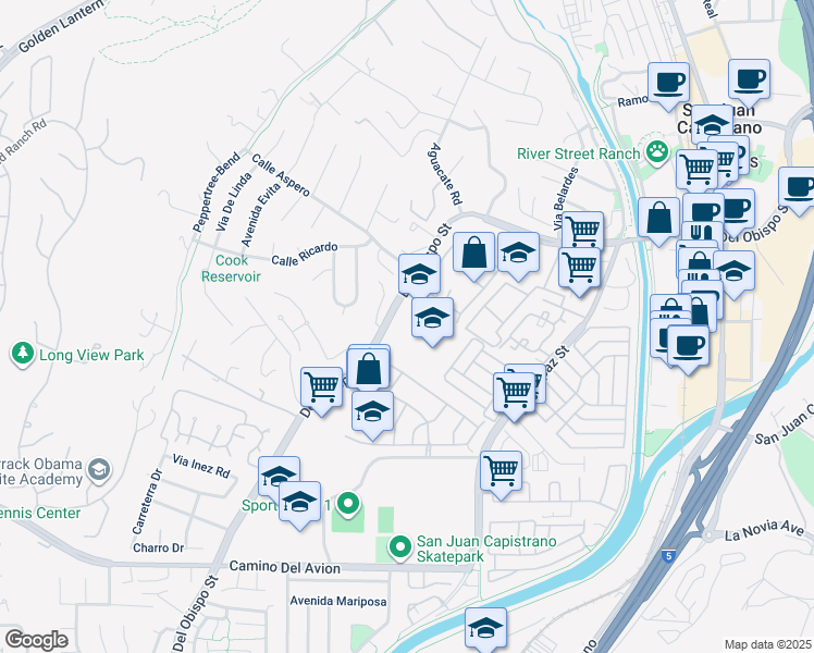 map of restaurants, bars, coffee shops, grocery stores, and more near 32200 Del Obispo Street in San Juan Capistrano