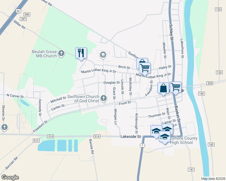 map of restaurants, bars, coffee shops, grocery stores, and more near 218 Grant Street in Itta Bena