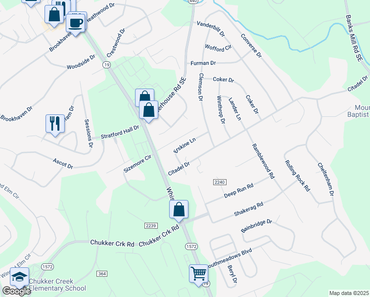 map of restaurants, bars, coffee shops, grocery stores, and more near 11 Erskine Lane in Aiken