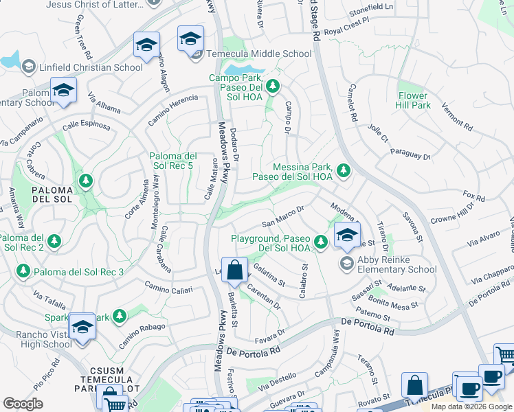 map of restaurants, bars, coffee shops, grocery stores, and more near 32476 Cassino Court in Temecula