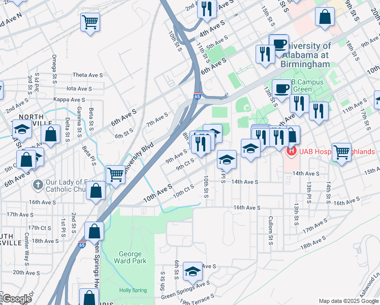 map of restaurants, bars, coffee shops, grocery stores, and more near 713 9th Avenue South in Birmingham