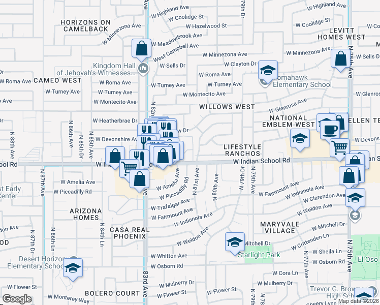 map of restaurants, bars, coffee shops, grocery stores, and more near 8130 West Indian School Road in Phoenix