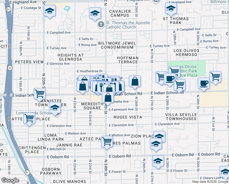 map of restaurants, bars, coffee shops, grocery stores, and more near 2436 East Indian School Road in Phoenix
