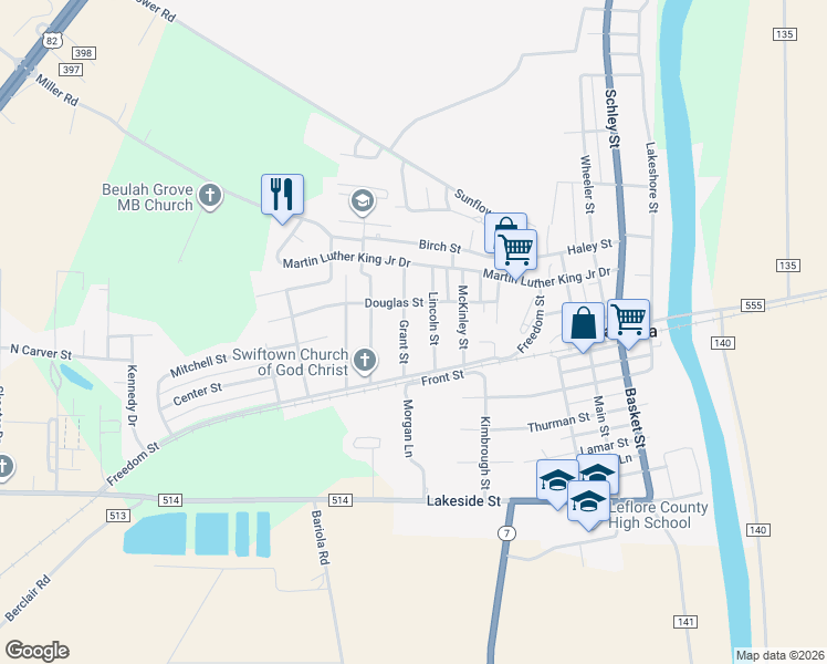 map of restaurants, bars, coffee shops, grocery stores, and more near 218 Grant Street in Itta Bena