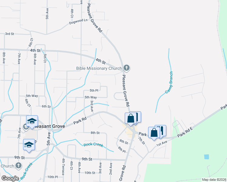 map of restaurants, bars, coffee shops, grocery stores, and more near 116 5th Place in Pleasant Grove