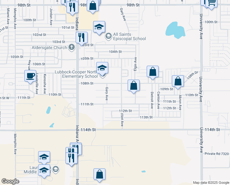 map of restaurants, bars, coffee shops, grocery stores, and more near 3113 109th Street in Lubbock