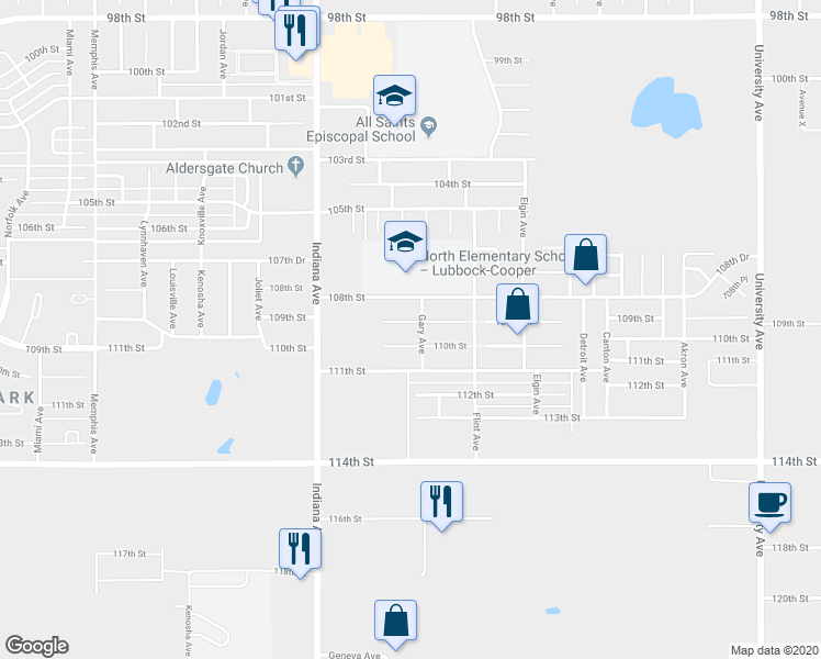 map of restaurants, bars, coffee shops, grocery stores, and more near 3207 109th Street in Lubbock