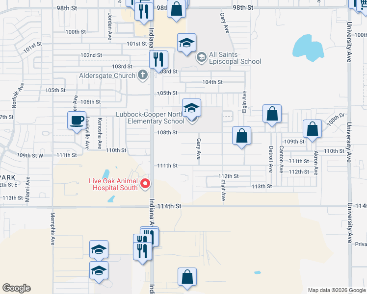map of restaurants, bars, coffee shops, grocery stores, and more near 3207 109th Street in Lubbock