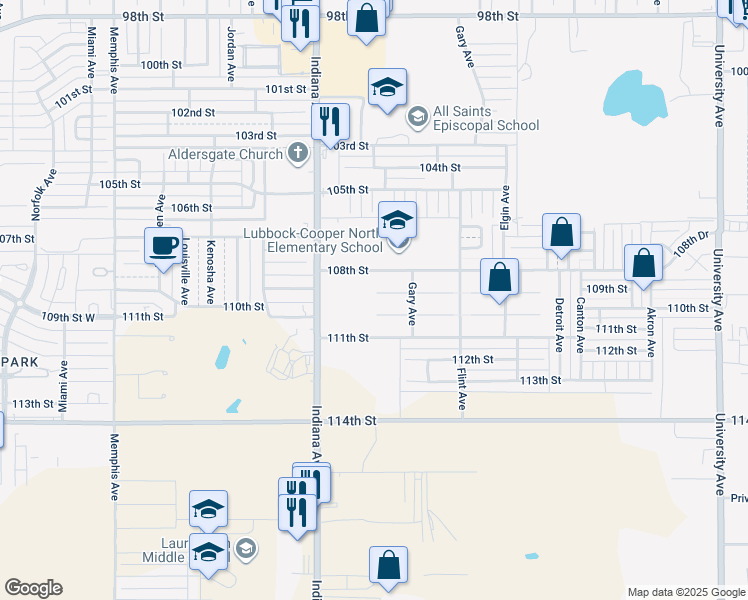 map of restaurants, bars, coffee shops, grocery stores, and more near 3207 109th Street in Lubbock