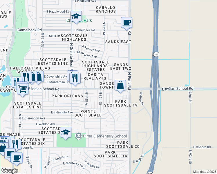 map of restaurants, bars, coffee shops, grocery stores, and more near 8605 East Monterosa Avenue in Scottsdale
