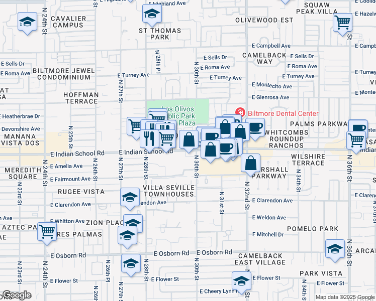 map of restaurants, bars, coffee shops, grocery stores, and more near 2918 East Indian School Road in Phoenix