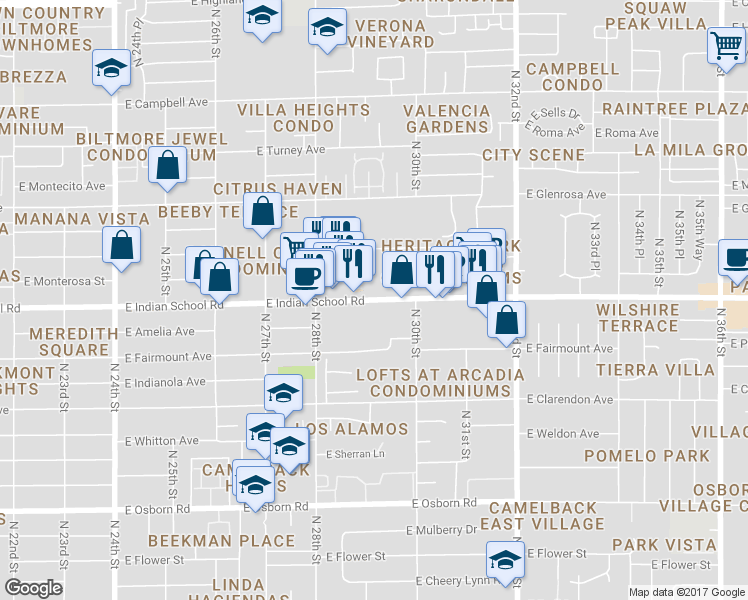map of restaurants, bars, coffee shops, grocery stores, and more near 2911 East Indian School Road in Phoenix