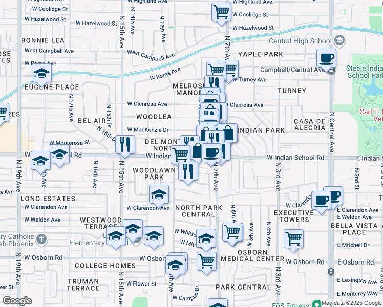 map of restaurants, bars, coffee shops, grocery stores, and more near 841 West Indian School Road in Phoenix