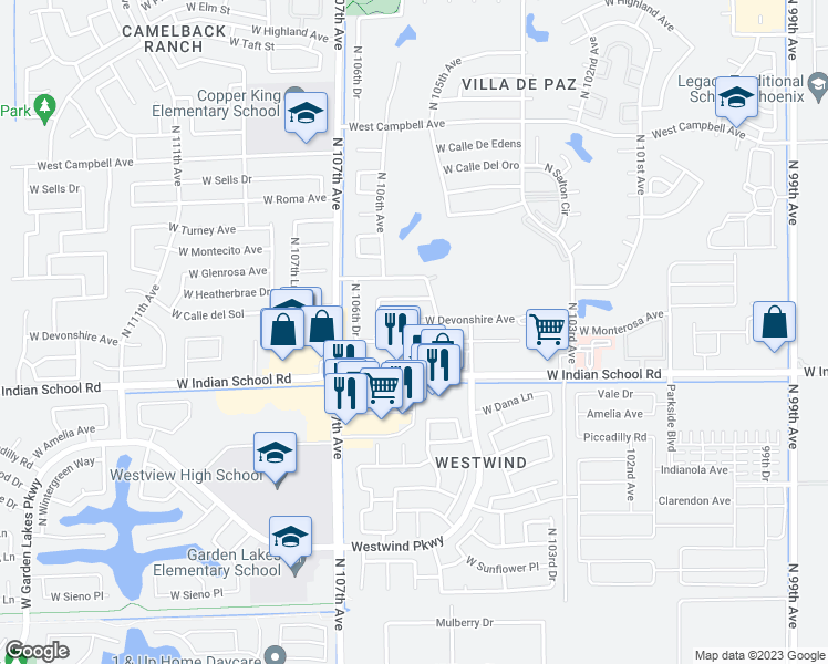 map of restaurants, bars, coffee shops, grocery stores, and more near 4102 North 105th Drive in Phoenix