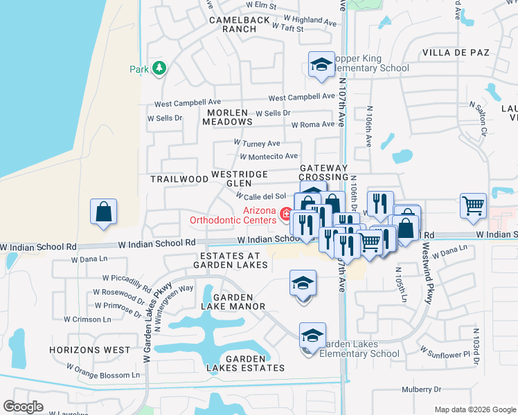 map of restaurants, bars, coffee shops, grocery stores, and more near 10880 West Devonshire Avenue in Phoenix