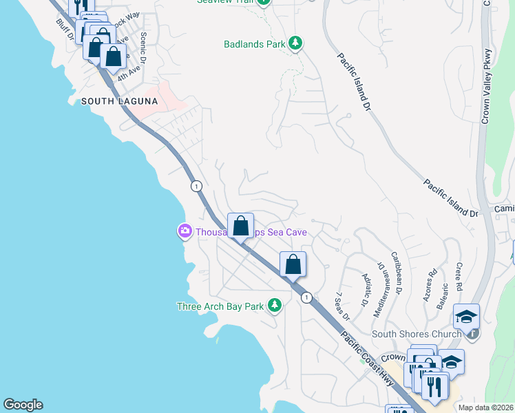 map of restaurants, bars, coffee shops, grocery stores, and more near 23 No Vista De La Luna in Laguna Beach