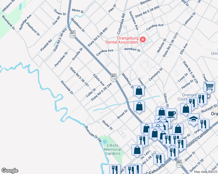 map of restaurants, bars, coffee shops, grocery stores, and more near 796 Edisto Avenue in Orangeburg