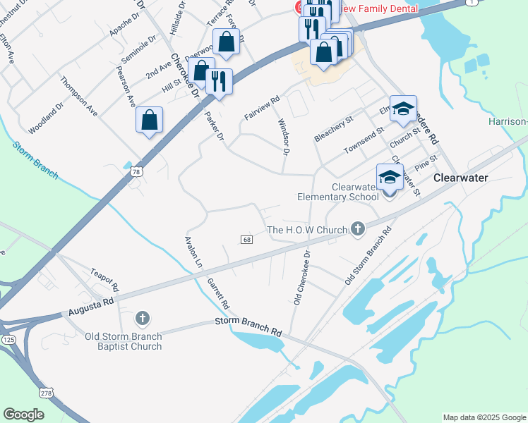 map of restaurants, bars, coffee shops, grocery stores, and more near 86 Happiness Lane in Beech Island