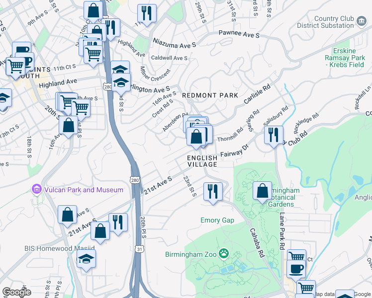 map of restaurants, bars, coffee shops, grocery stores, and more near 2328 20th Avenue South in Birmingham