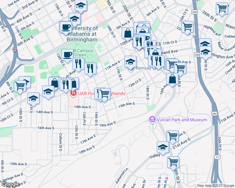 map of restaurants, bars, coffee shops, grocery stores, and more near 1608 14th Avenue South in Birmingham