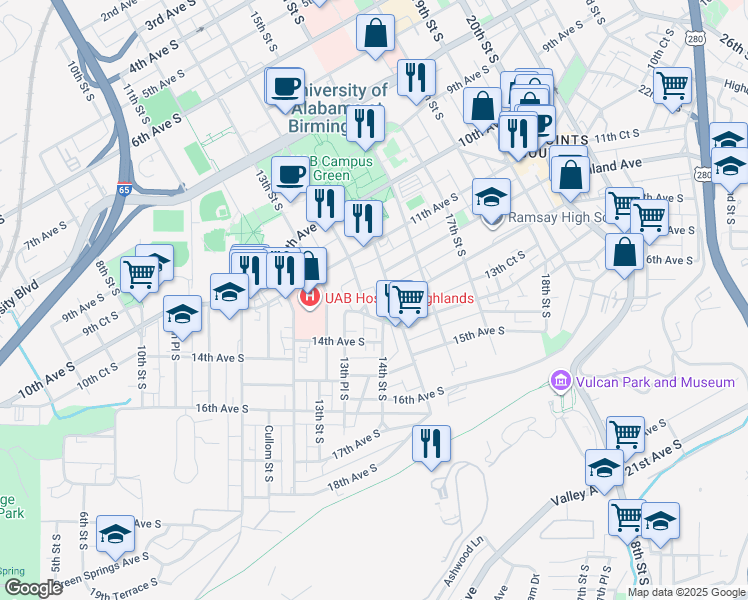 map of restaurants, bars, coffee shops, grocery stores, and more near 1143 14th Street South in Birmingham