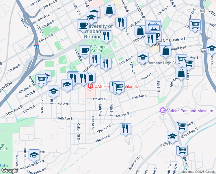 map of restaurants, bars, coffee shops, grocery stores, and more near 1143 14th Street South in Birmingham