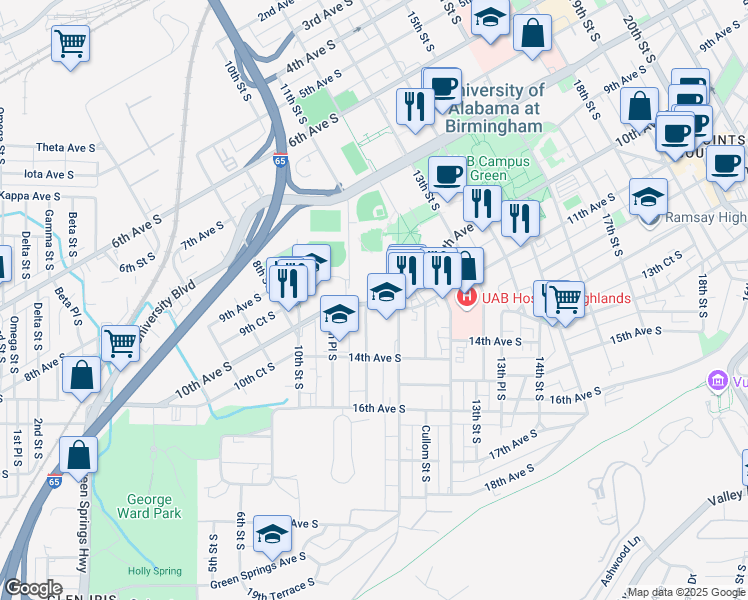 map of restaurants, bars, coffee shops, grocery stores, and more near 1123 11th Avenue South in Birmingham