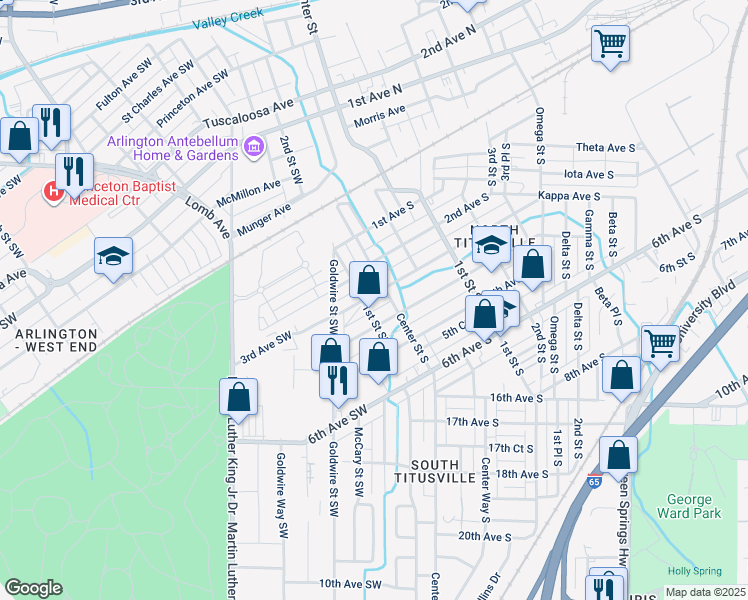 map of restaurants, bars, coffee shops, grocery stores, and more near 17 3rd Avenue Southwest in Birmingham