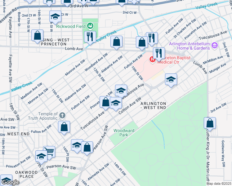 map of restaurants, bars, coffee shops, grocery stores, and more near 600 12th Street Southwest in Birmingham